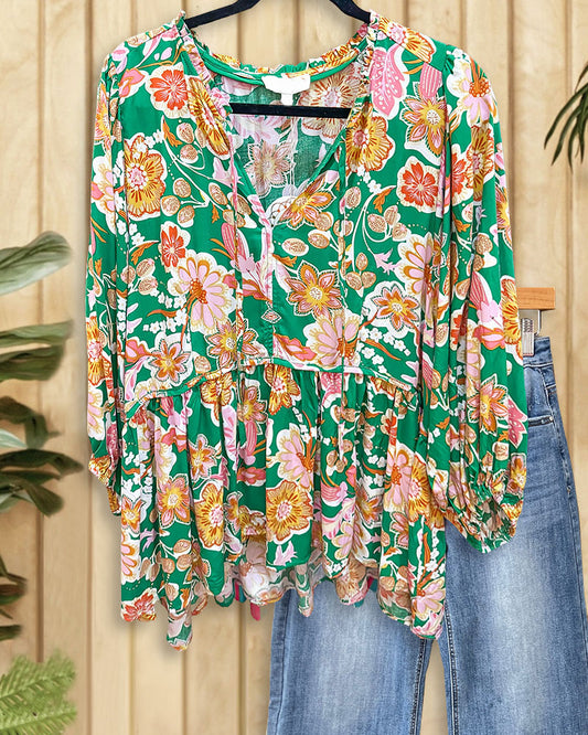 Floral Print Pastoral Tie Neck Peplum Blouse