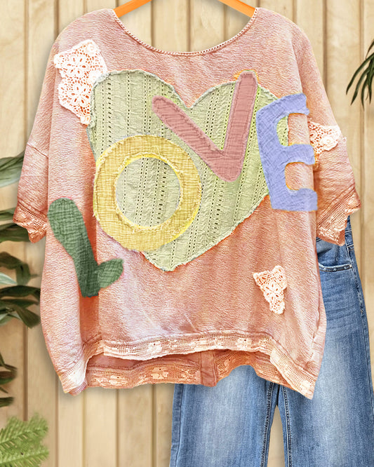Patchwork Heart & LOVE Applique Stylish Batwing Sleeve Blouse