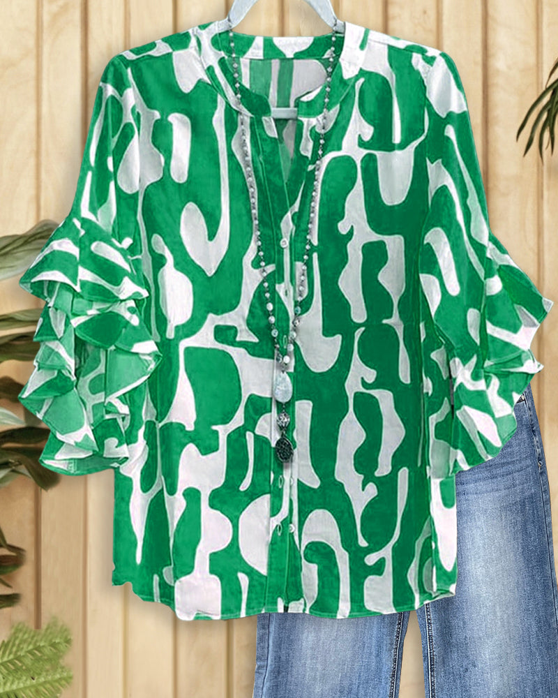 Graphic Print Ruffle Sleeve Urban Button Blouse