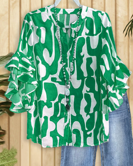 Graphic Print Ruffle Sleeve Urban Button Blouse