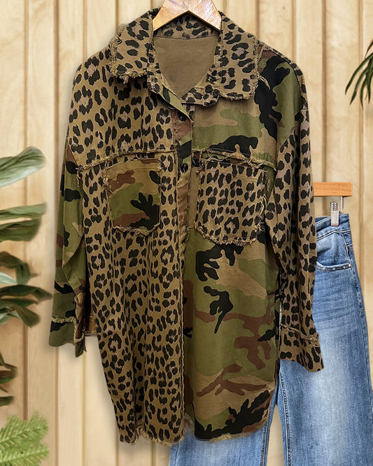 Camouflage & Leopard Print Patchwork Cool Pocket Frayed Blouse