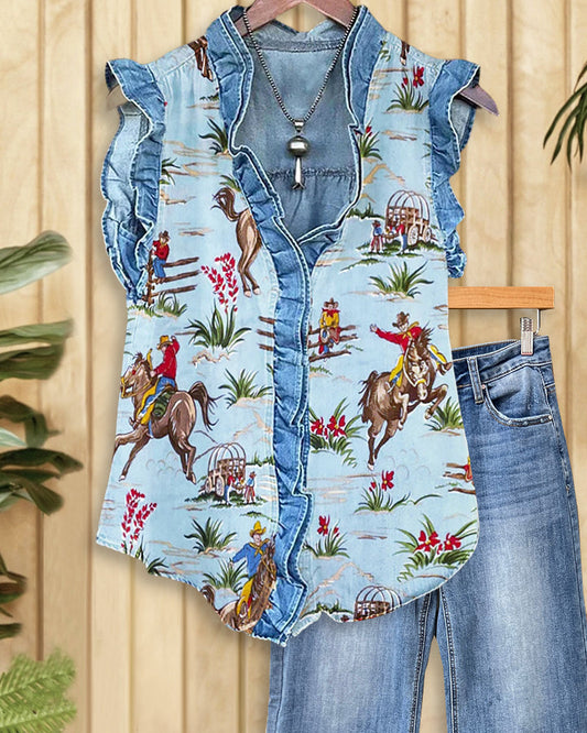 West Cowboy Print Ruffles Patchwork Urban T-Shirt