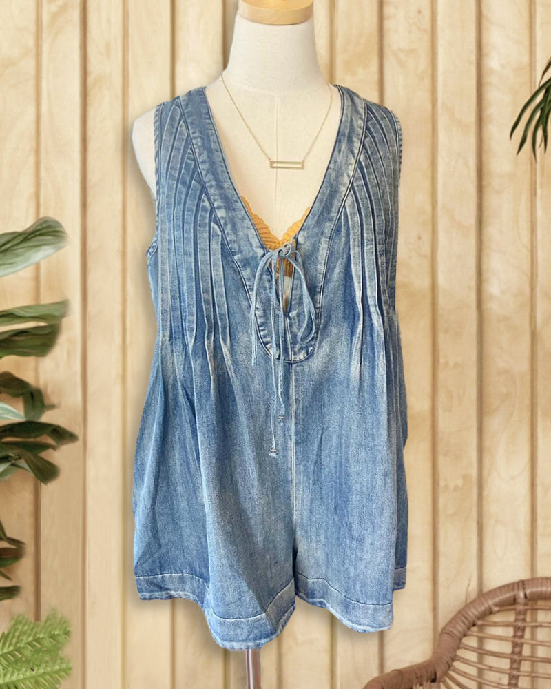 Washed Denim Pleated Relaxed Lace-Up Romper