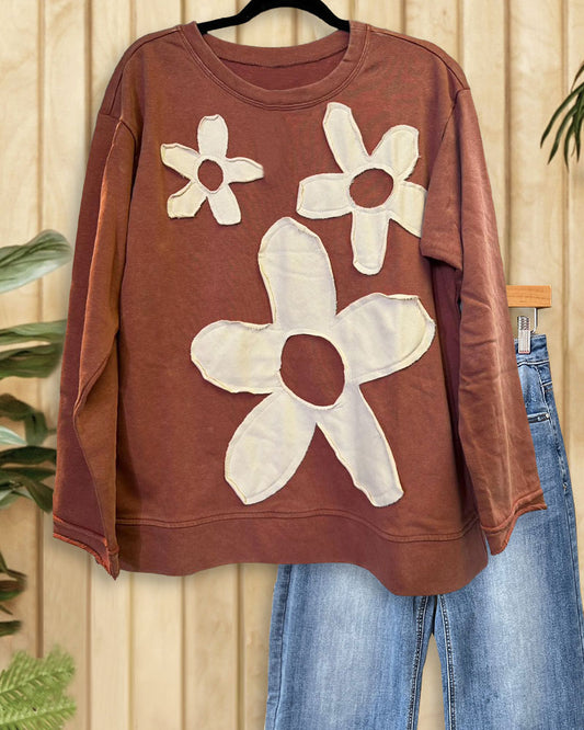 Flower Applique Classic Drop Shoulder Sweatshirt