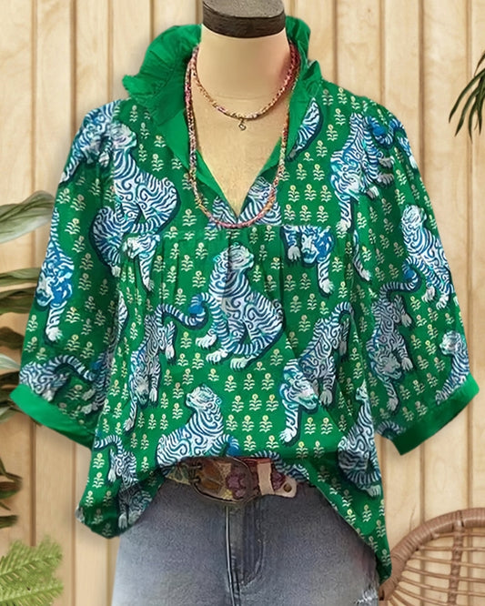 Animal & Floral Mixed Print Relaxed V Neck T-Shirt