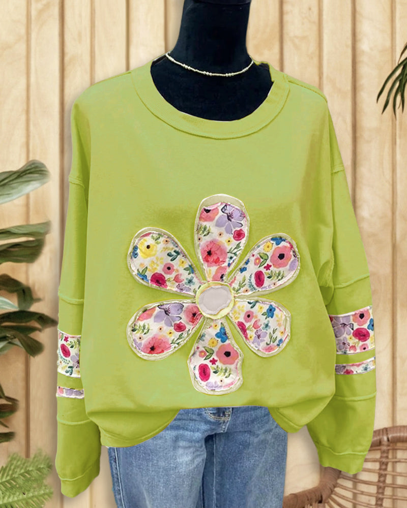 Printed Patchwork Flower Applique Oversized Irregular Sweatshirt