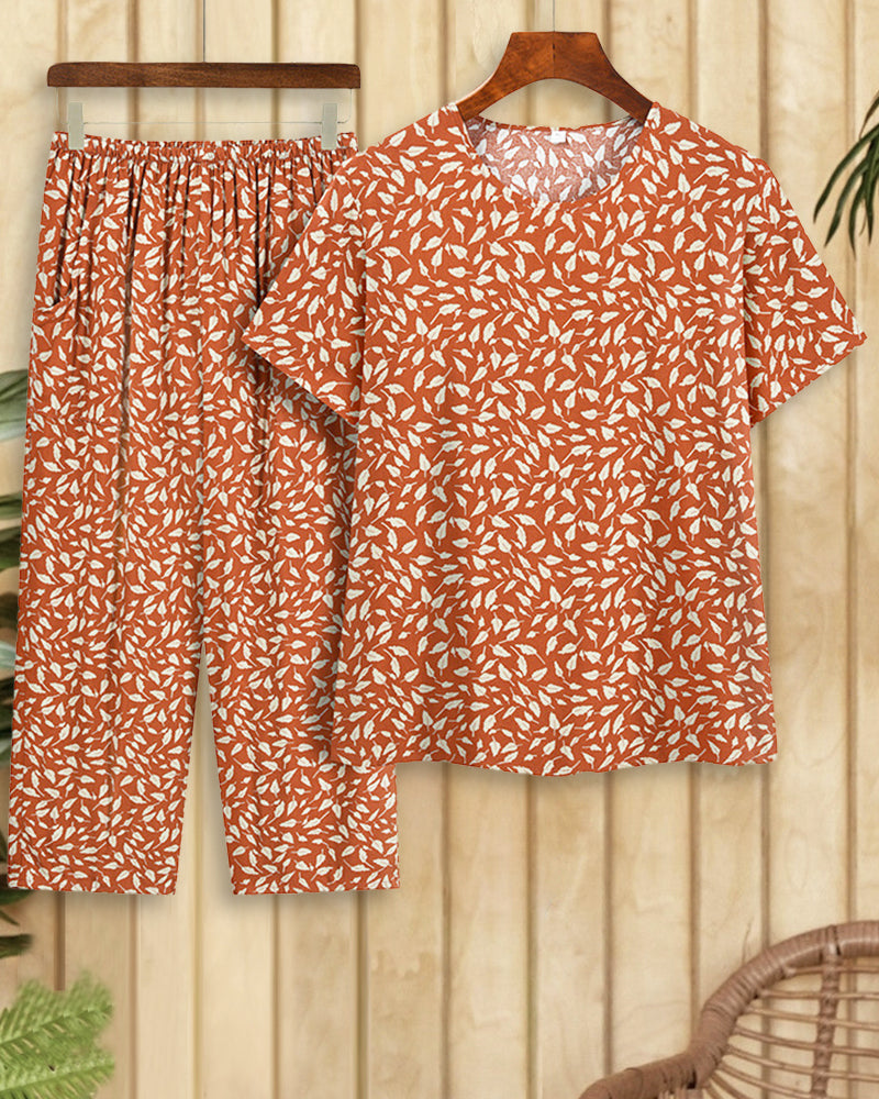 Floral Print Round Neck Casual Wear Pant Suit