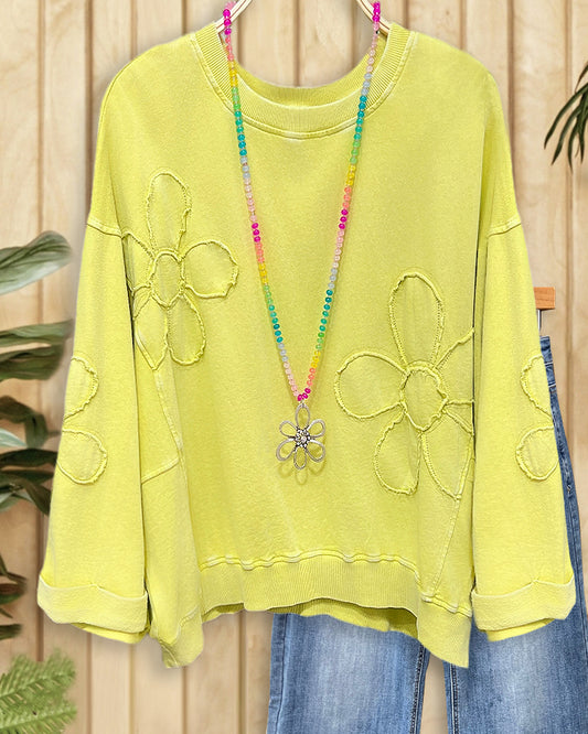 Solid Color Flower Applique Urban Drop-Shoulder Blouse