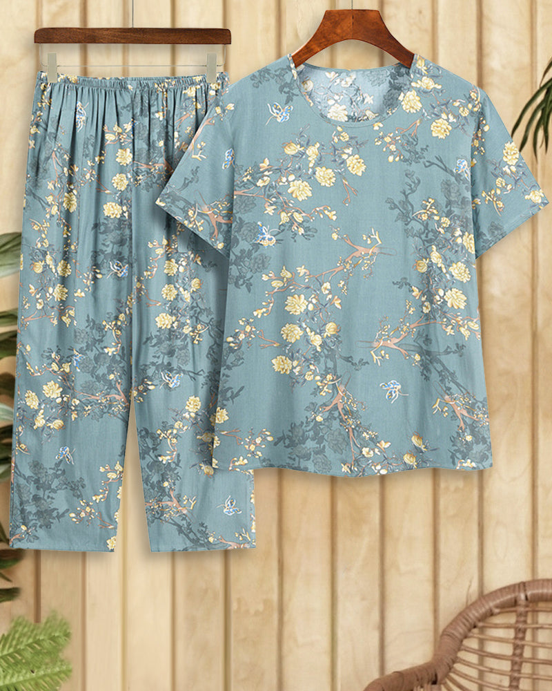 Floral Print Round Neck Casual Wear Pant Suit
