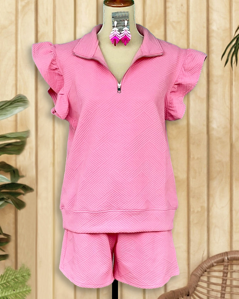 Solid Color Ruffle Sleeve Stylish Textured Pant Suit