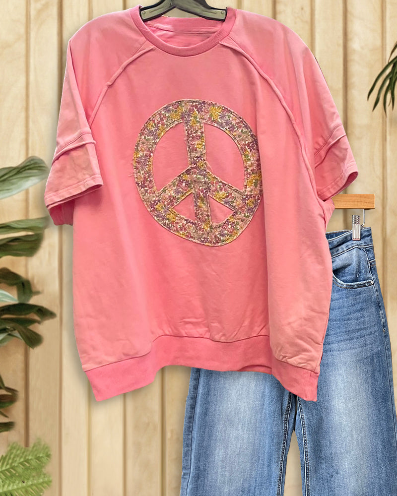 Printed Peace Applique Patchwork Casual Round Neck T-Shirt