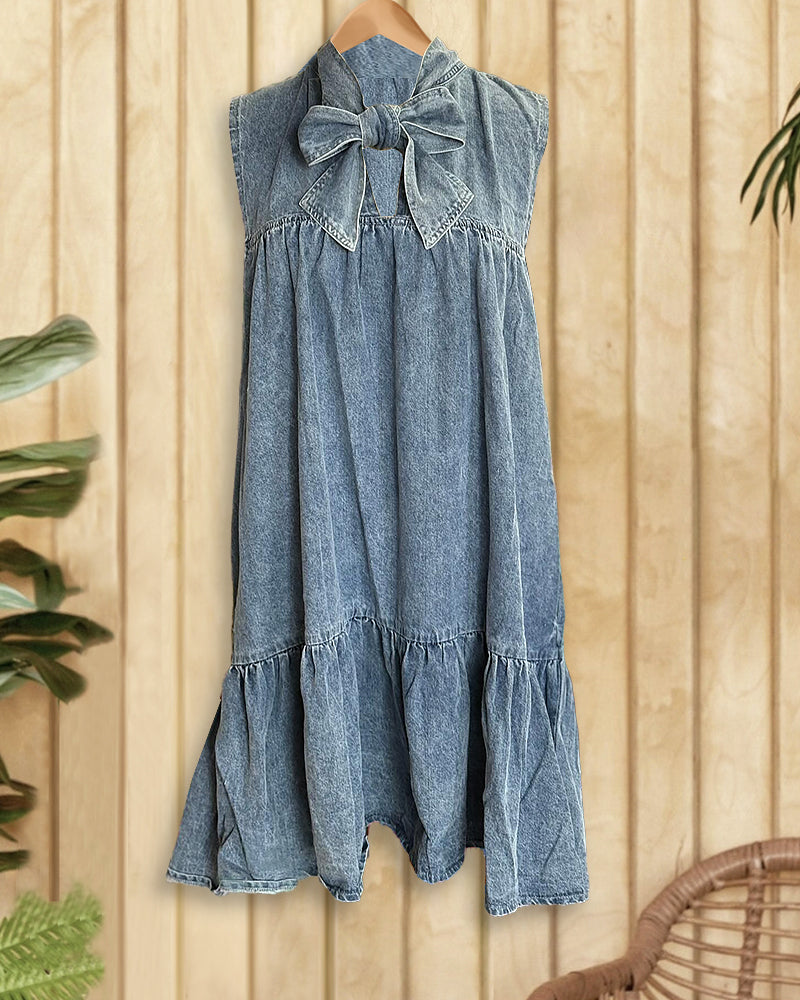 Washed Blue Denim Girly Pussy Bow Tiered Mini Dress