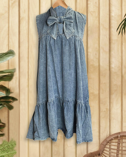 Washed Blue Denim Girly Pussy Bow Tiered Mini Dress
