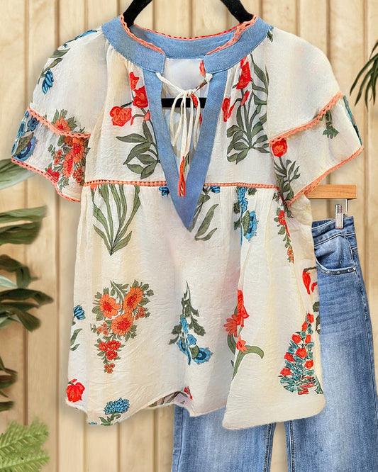 Patchwork Floral Print Pastoral Tiered Sleeve T-Shirt