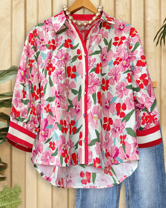 Floral Print Shirt Collar Urban Button Down Blouse