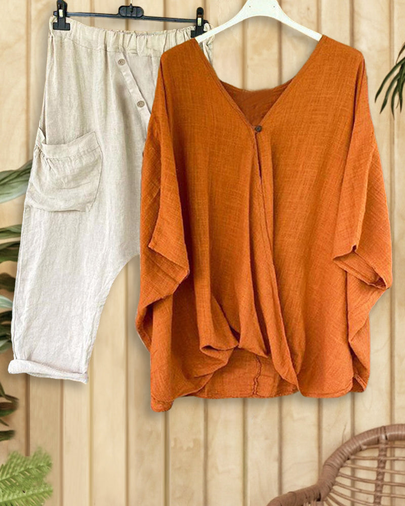 Color Block Batwing Sleeve Stylish Harem Pant Suit