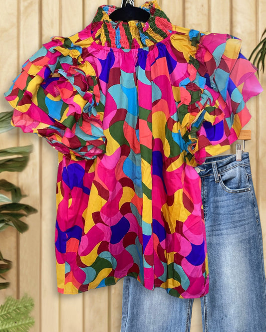 Abstract Print Colorful Ruffles Tiered Sleeve T-Shirt