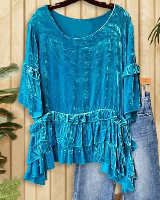 Solid Color Velvet Glamorous Ruffles Peplum Blouse