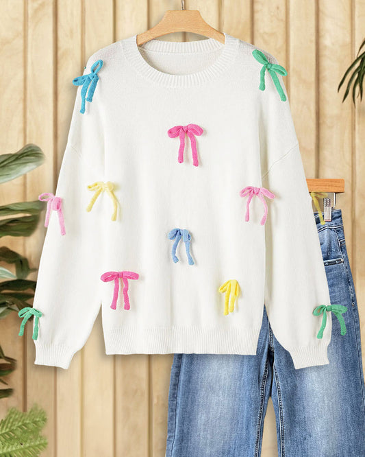 Multicolor Bowknot Decor Stunning Drop Shoulder Sweater