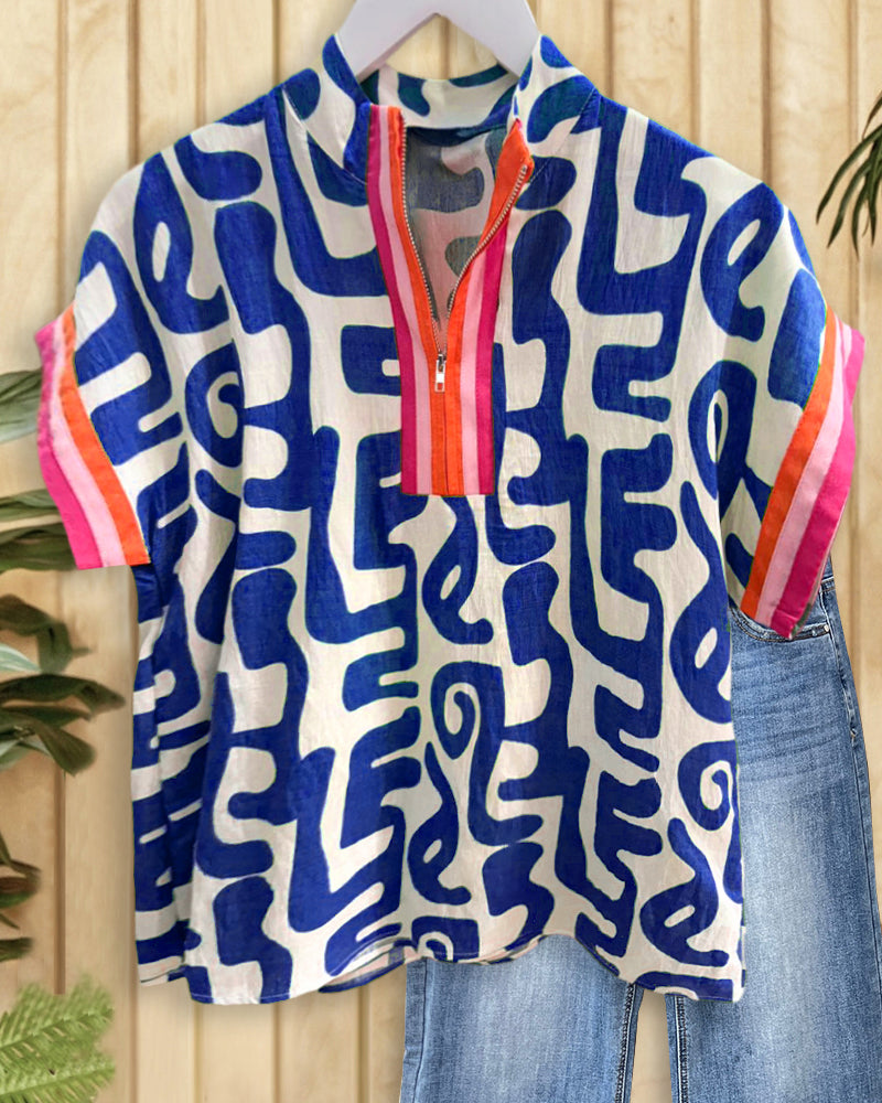 Graphic Print Classic Zipper Collar Blouse