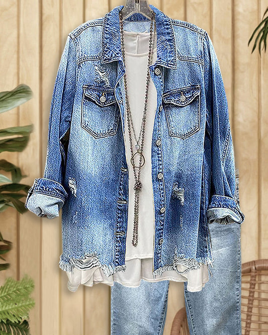 Ripped Holes Frayed Hem Denim Jacket