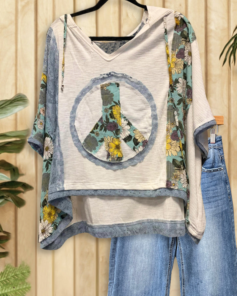 Floral Print & Lace Mixed Patchwork Stylish Peace Applique Blouse
