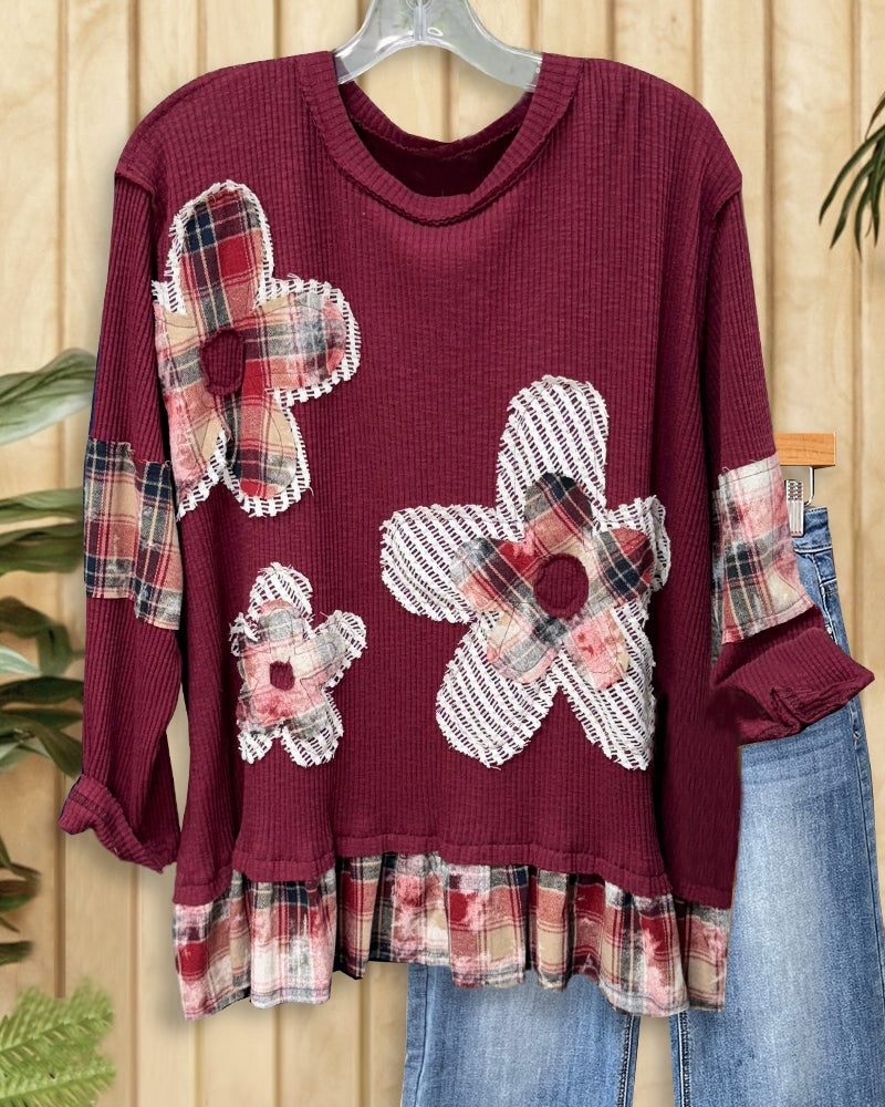 Flower Applique Mixed Patchwork Casual Ribbed Blouse