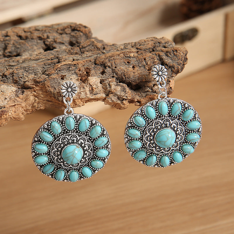 Geometric Round Boho Turquoise Decor Engraved Earrings