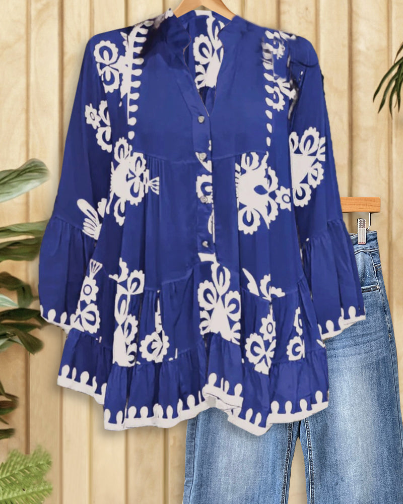 Contrasting Tribal Print Classic Tiered Blouse