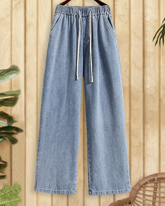 Solid Color Classic Drawstring Straight Leg Jeans