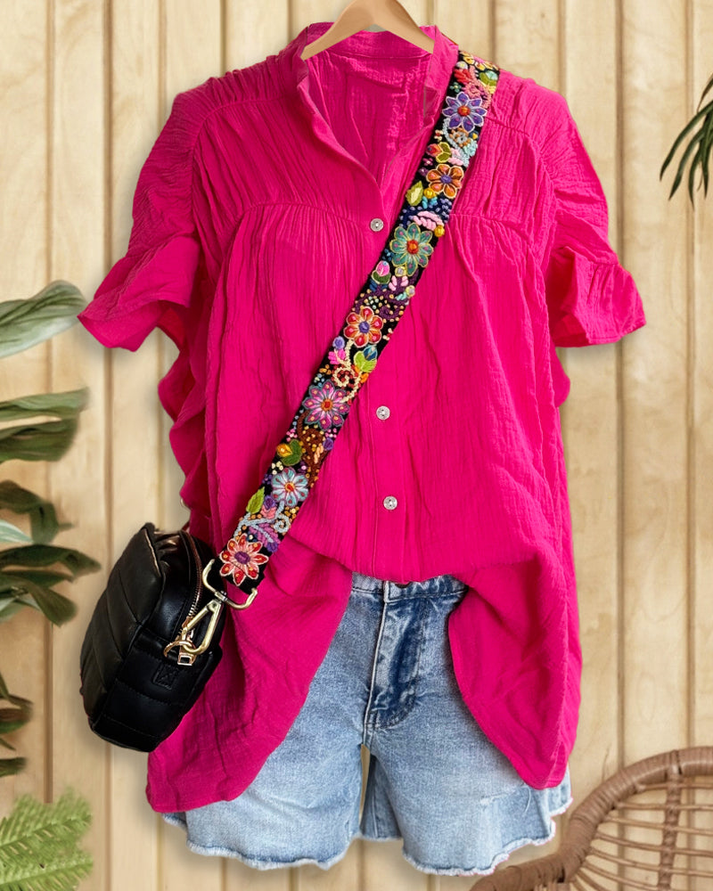 Solid Color Textured Smart Ruffle Sleeve Button T-Shirt