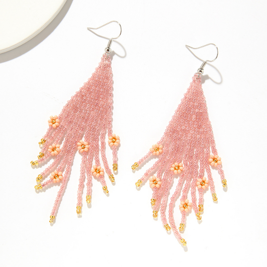 Color Block Beading Flower Decor Ethnic Irregular Tassel Earrings