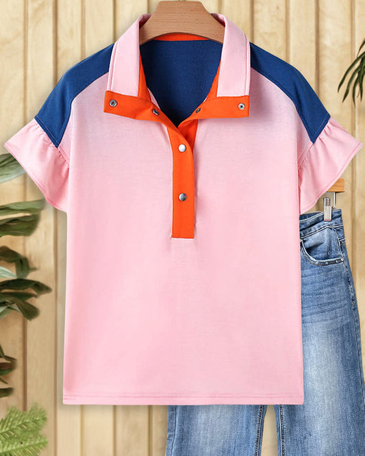 Color Block Patchwork Chic Ruffle Sleeve Blouse