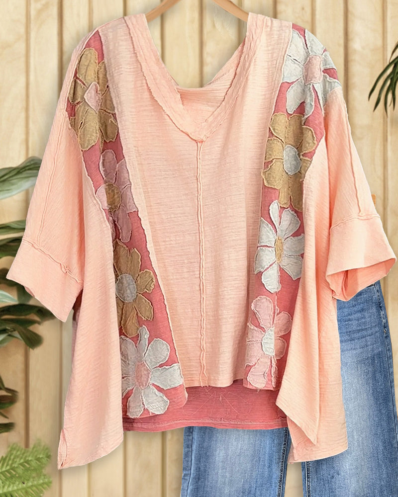 Floral Applique Print On-trend Irregular T-Shirt