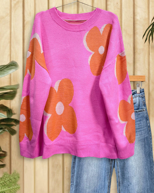Floral Print Urban Round Neck Drop Shoulder Sweater