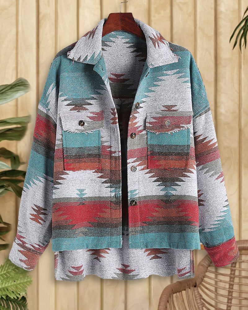 Vintage Ethnic Geometric Print Woollen Jacket