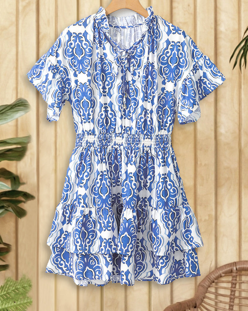 Ethnic Print Smocked Waist Mini Dress