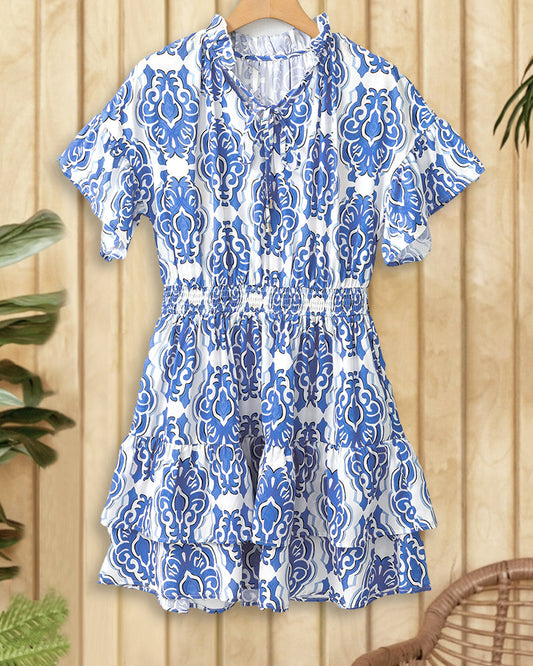 Ethnic Print Smocked Waist Mini Dress