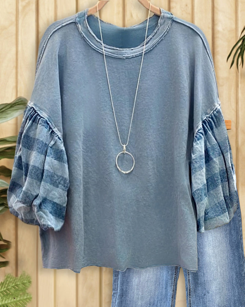 Checked Patchwork Puff Sleeve Cozy Round Neck Blouse