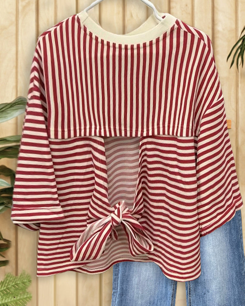 Striped Round Neck Stylish Tie Back T-Shirt