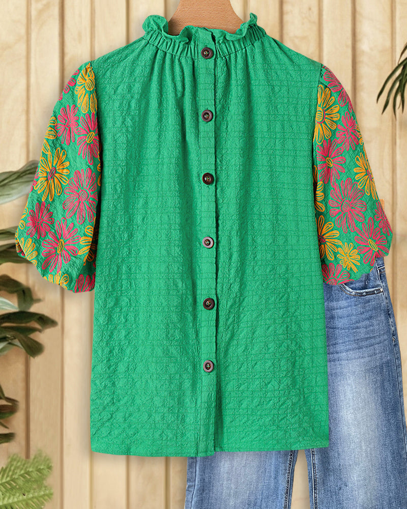 Floral Print Puff Sleeve Elegant Textured Blouse