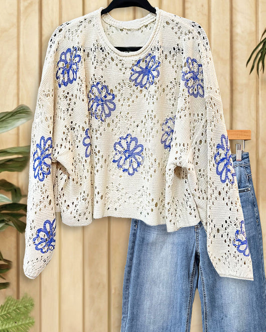 Floral Print Versatile Cutout Drop Shoulder Sweater