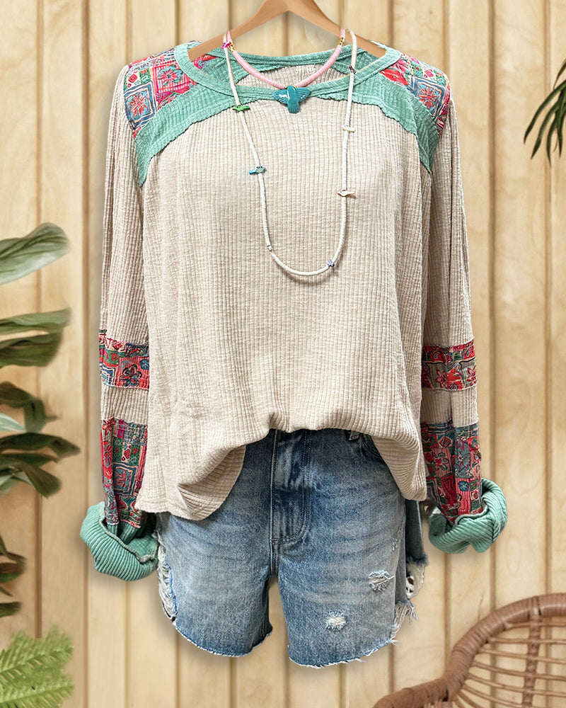 Floral Print Patchwork Color Block Classic Ribbed Blouse