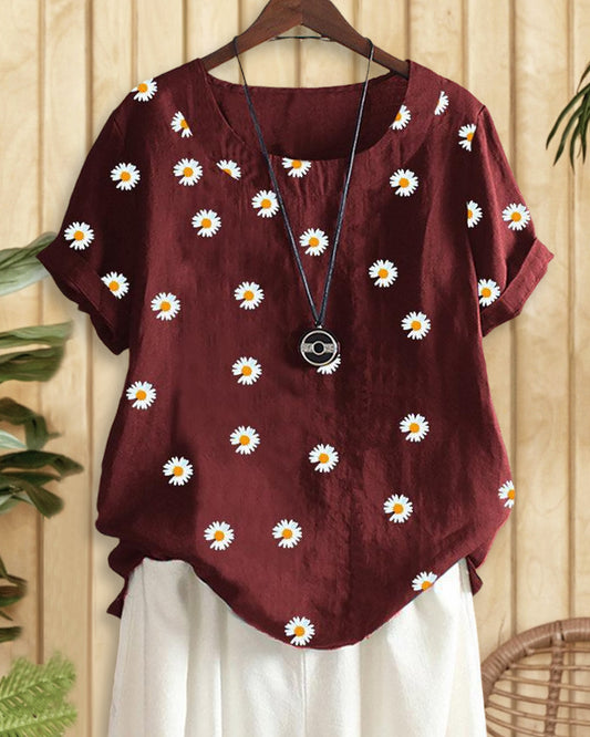 Daisy Print Relaxed Scoop Neck T-Shirt