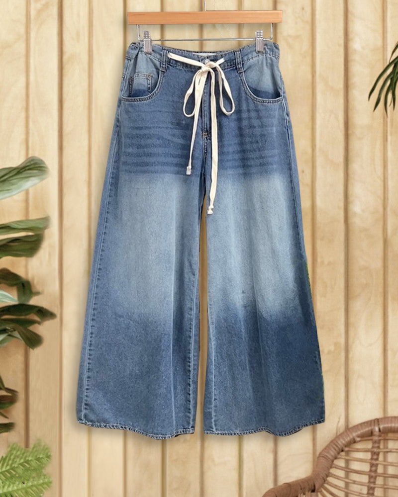 Washed Gradient Cozy Drawstring Straight Jeans