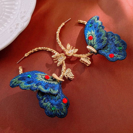 Butterfly Embroidery Rhinestone Decor Luxe Earrings