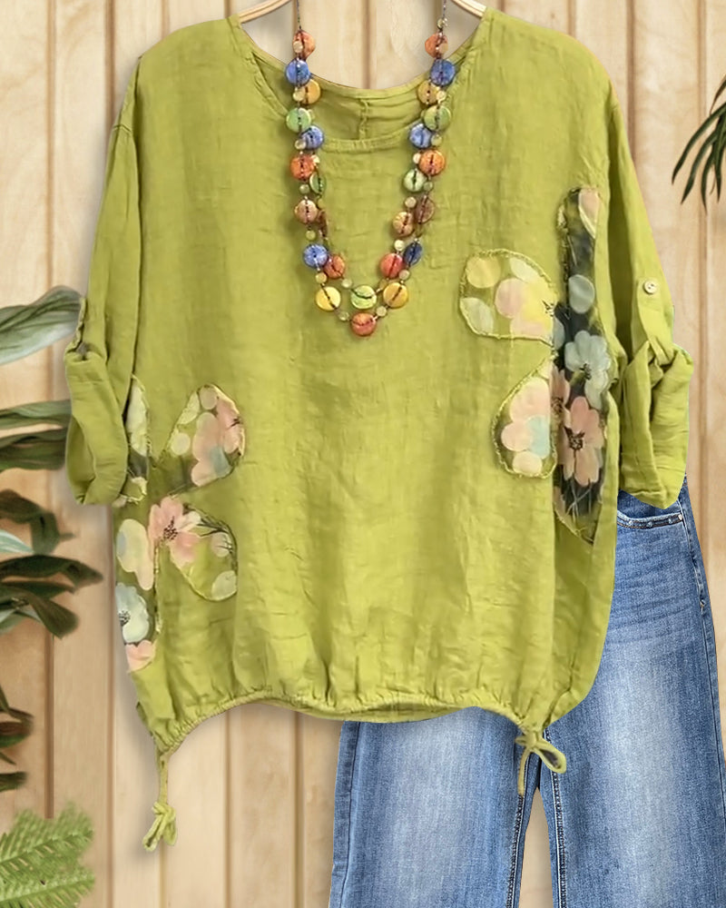 Flower Applique Patchwork Elegant Drawstring Blouse
