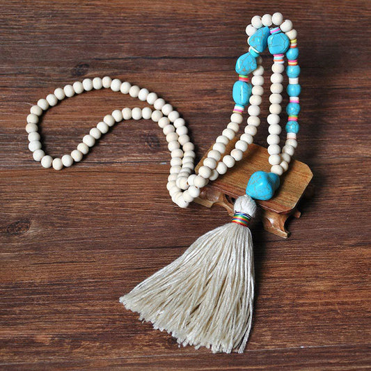 Peace Sign Pendant Ethnic Tassel Wooden Bead Necklace