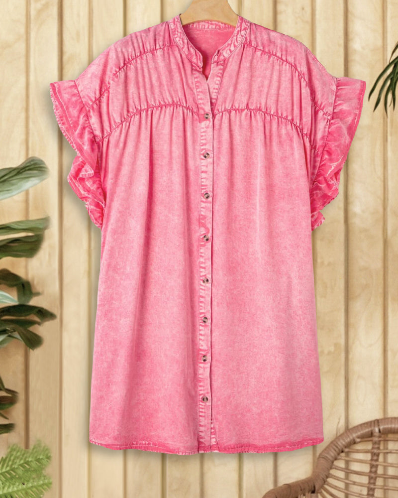 Solid Color Ruffle Sleeve Stylish Button Down Mini Dress