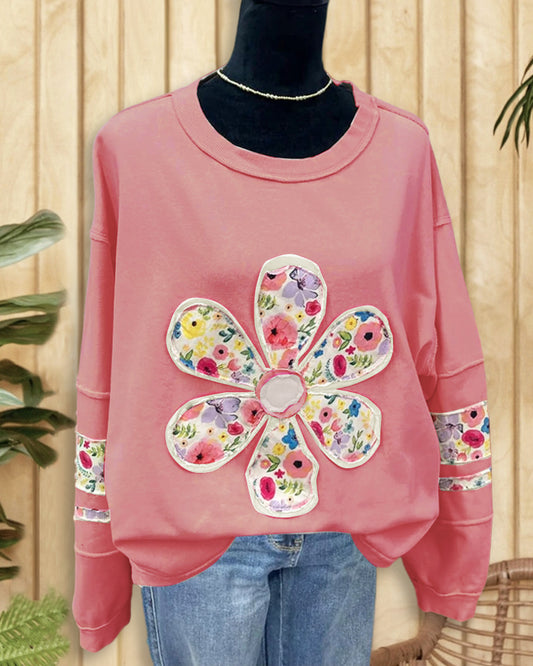 Printed Patchwork Flower Applique Oversized Irregular Sweatshirt